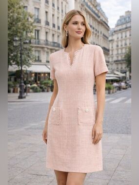 Karl Lagerfeld Paris Pink Tweed Sheath Dress
Fringed Rosette Bead Pockets